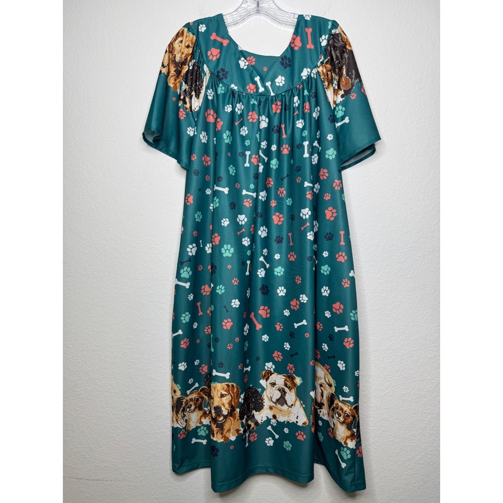 Anthony‎ Richards Dog Print Nightgown Muumuu House Dress Teal Green Plus Size 1X